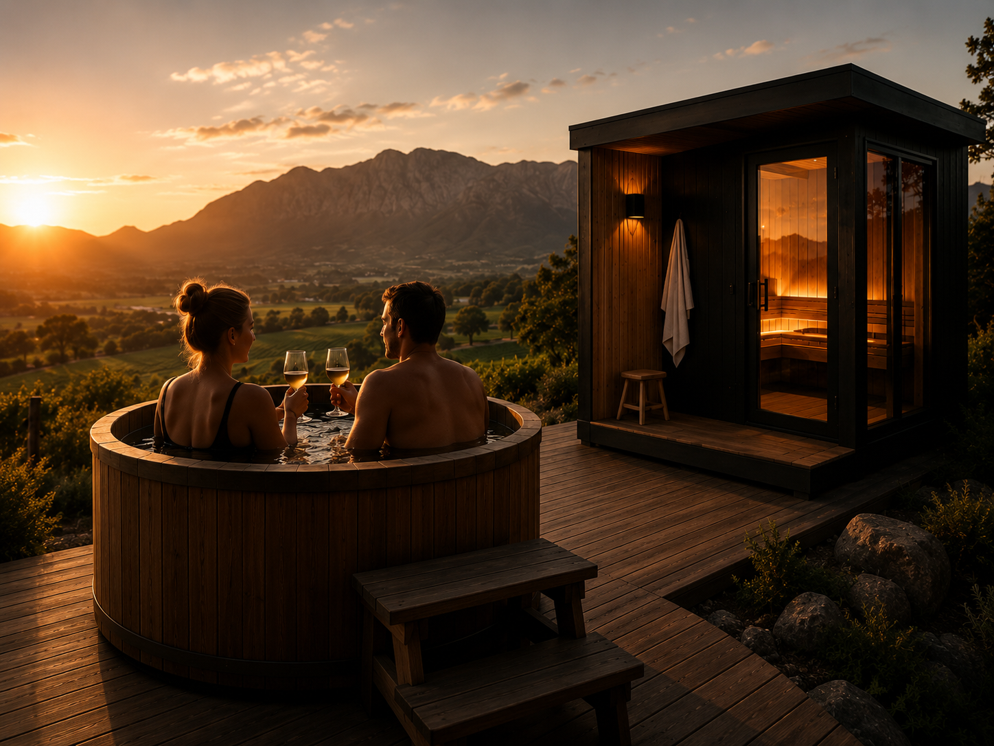 Couple with wine at the cold plunge and sauna